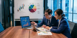 Profissionais analisando gráficos financeiros em um laptop em uma sala de conferência moderna.