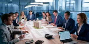 Profissionais de negócios analisando documentos financeiros em torno de uma mesa de conferência com laptop e calculadora.