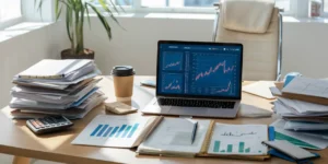 Organized workspace with laptop showing financial charts, papers, calculator, pen, coffee cup, plant on desk.